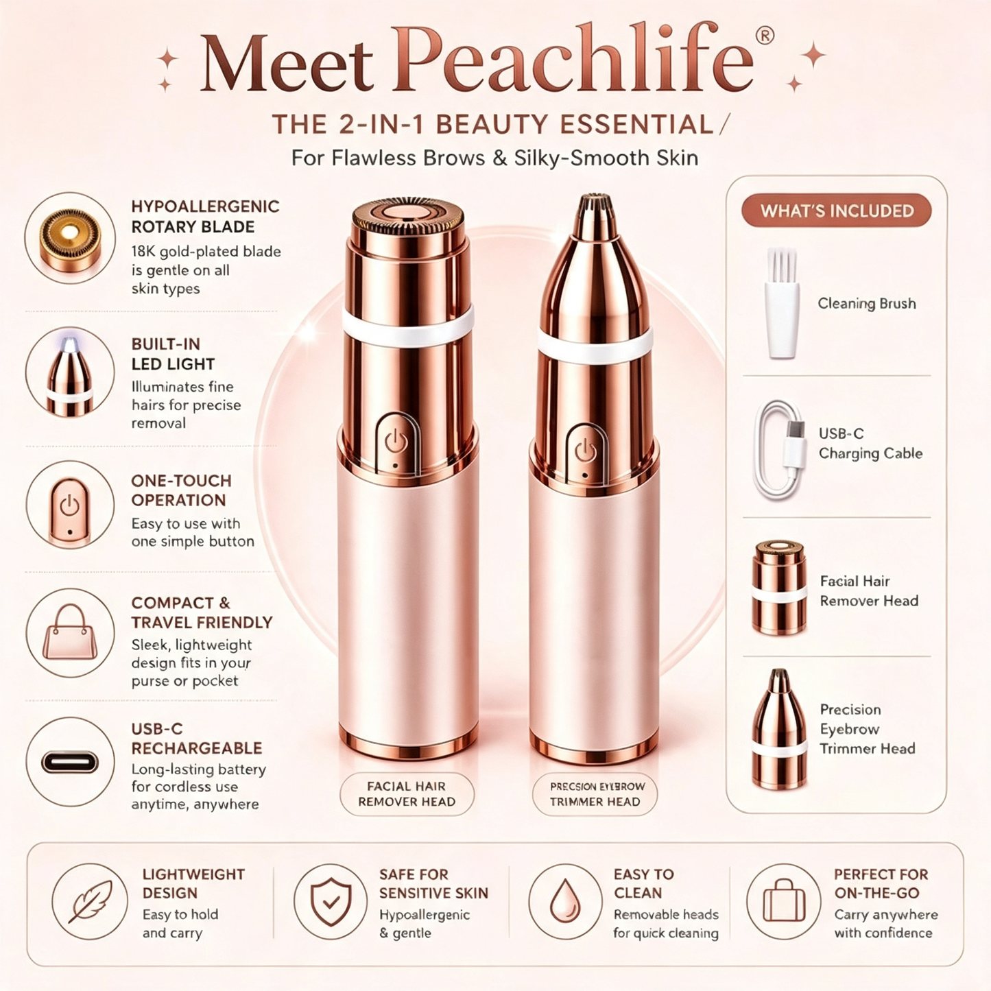 Peachlife– 2-in-1 Eyebrow & Facial Hair Trimmer